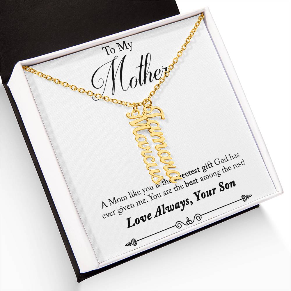 To My Mother | A Mom like you is the sweetest gift God has ever given me - Multi Vertical Name Necklace