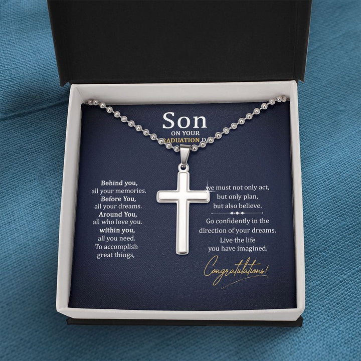 Son on your Graduation Day | We must not only act, but only plan, but also believe. - Stainless Cross Necklace with Ball Chain