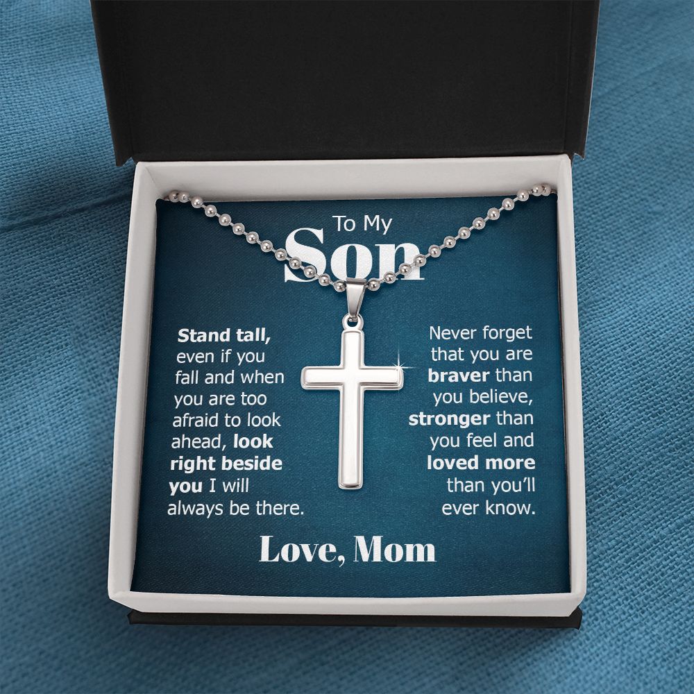 To My Son | Look right beside you I will always be there. Love, Mom - Stainless Cross Necklace with Ball Chain