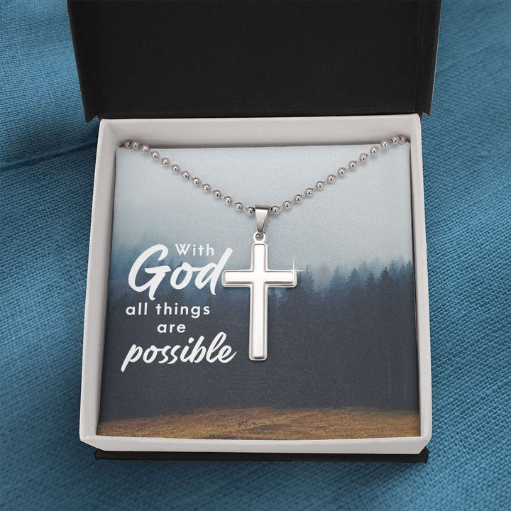 With God All Things Are Possible - Stainless Cross Necklace with Ball Chain