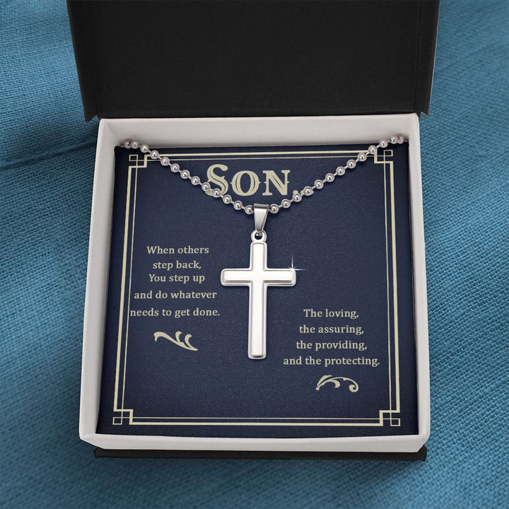 Son | The loving, the assuring, the providing, and the protecting - Stainless Cross Necklace with Ball Chain