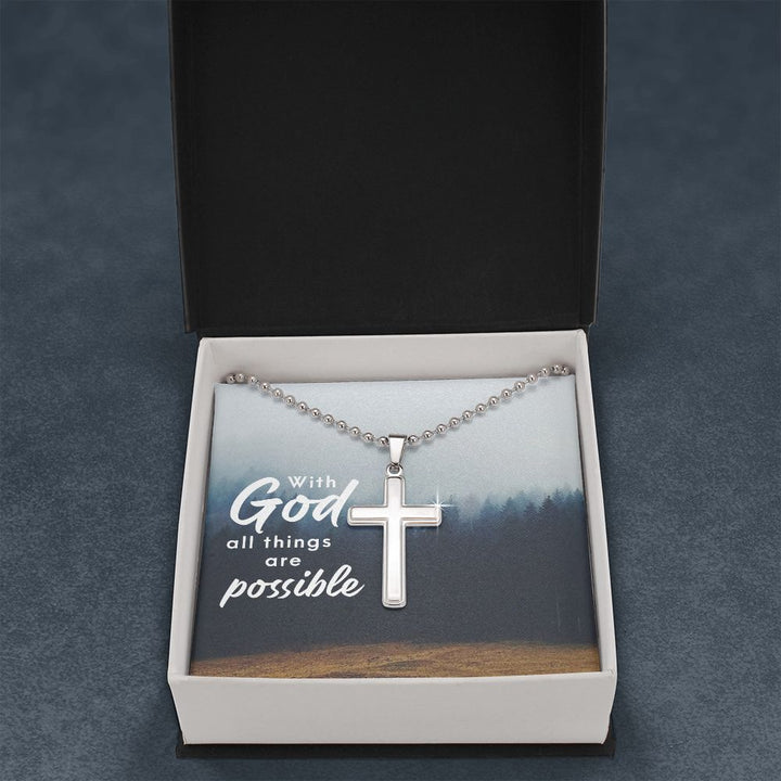 With God All Things Are Possible - Stainless Cross Necklace with Ball Chain