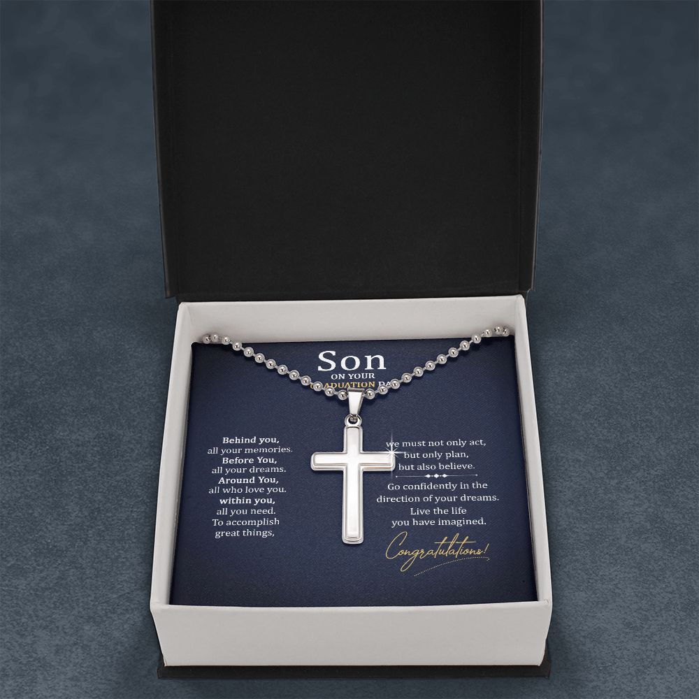 Son on your Graduation Day | We must not only act, but only plan, but also believe. - Stainless Cross Necklace with Ball Chain