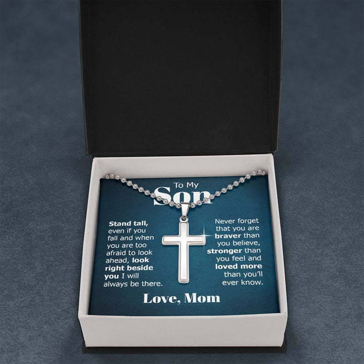 To My Son | Look right beside you I will always be there. Love, Mom - Stainless Cross Necklace with Ball Chain