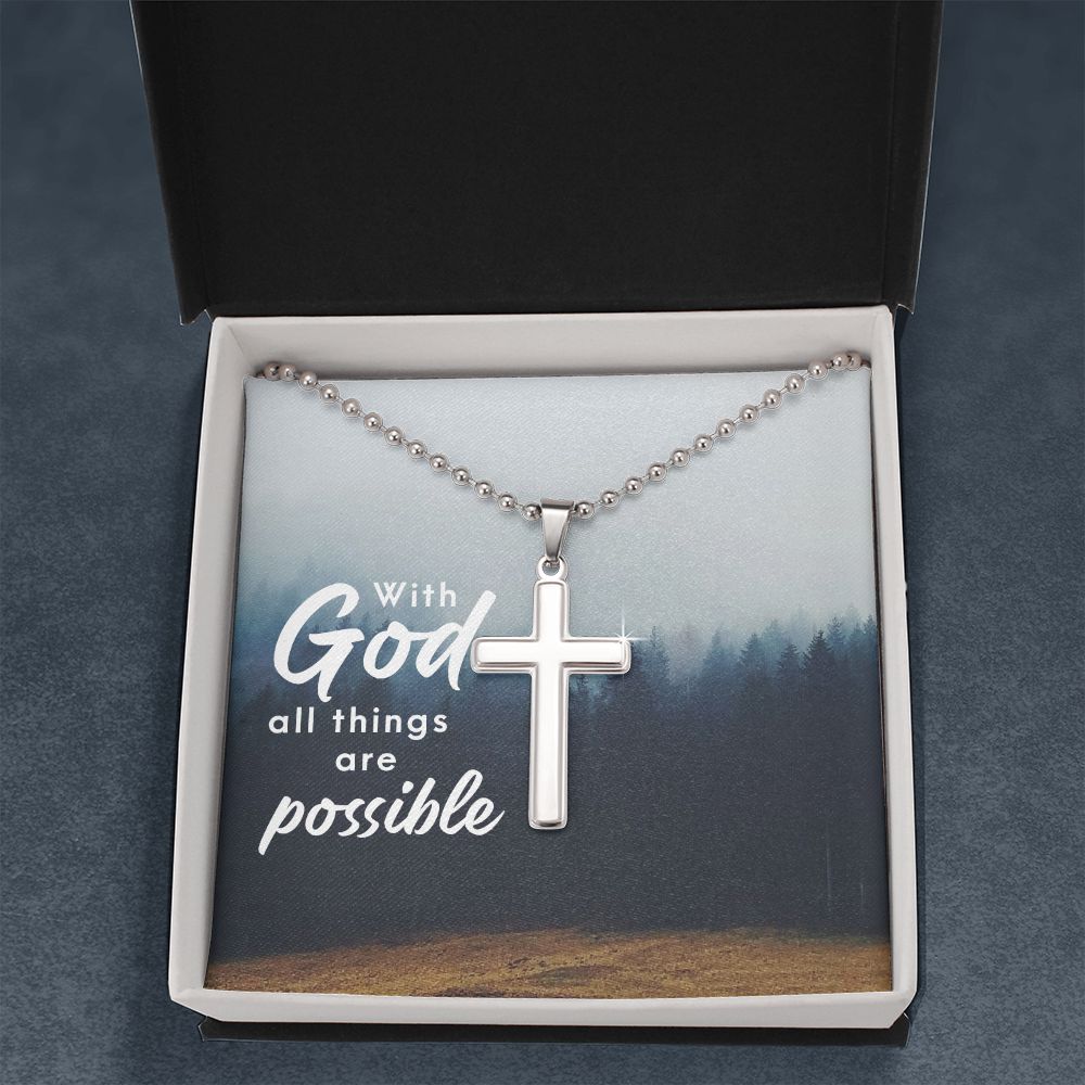 With God All Things Are Possible - Stainless Cross Necklace with Ball Chain