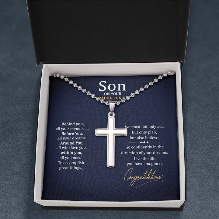 Son on your Graduation Day | We must not only act, but only plan, but also believe. - Stainless Cross Necklace with Ball Chain