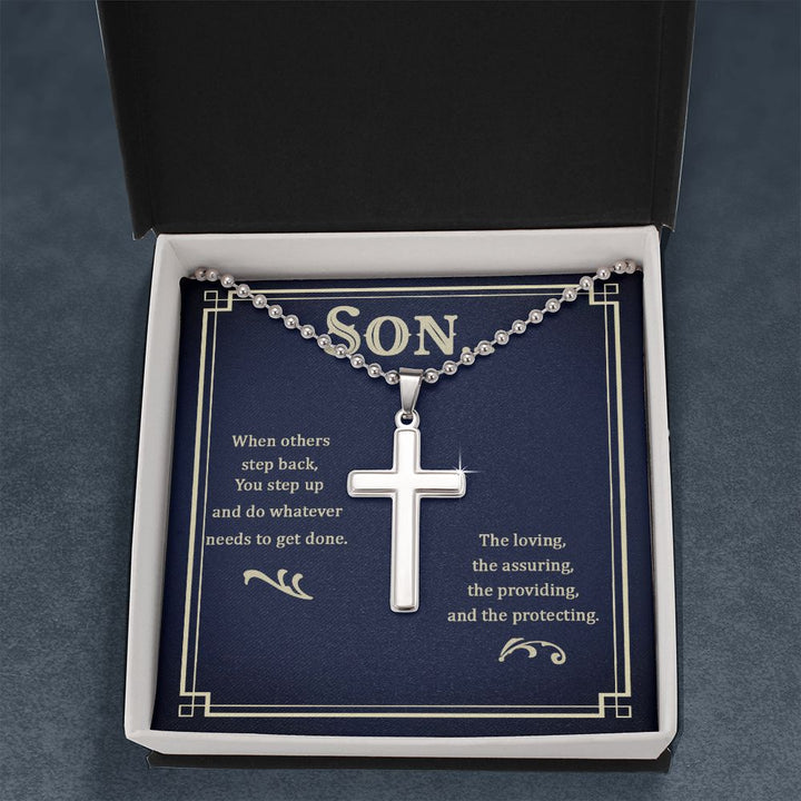 Son | The loving, the assuring, the providing, and the protecting - Stainless Cross Necklace with Ball Chain