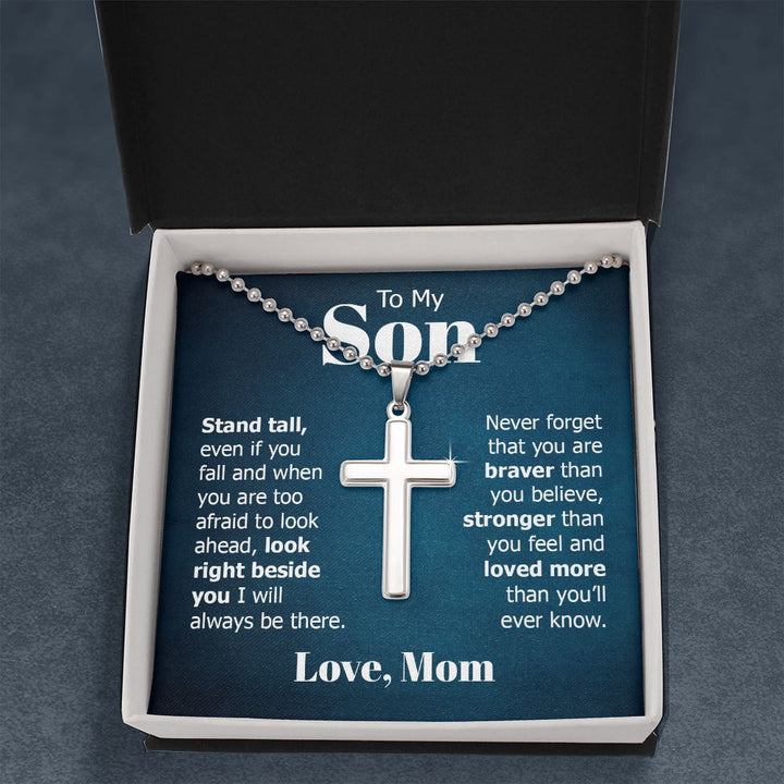 To My Son | Look right beside you I will always be there. Love, Mom - Stainless Cross Necklace with Ball Chain