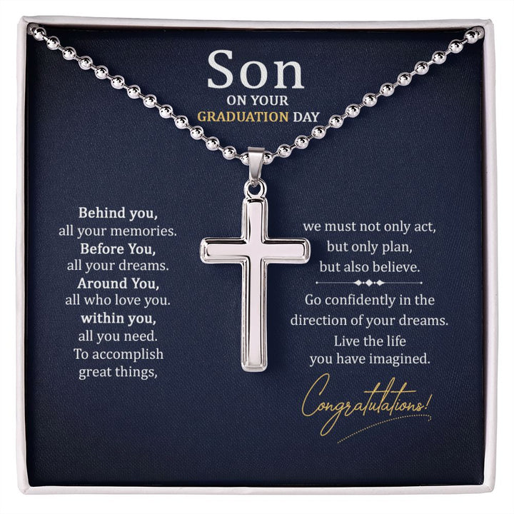 Son on your Graduation Day | We must not only act, but only plan, but also believe. - Stainless Cross Necklace with Ball Chain