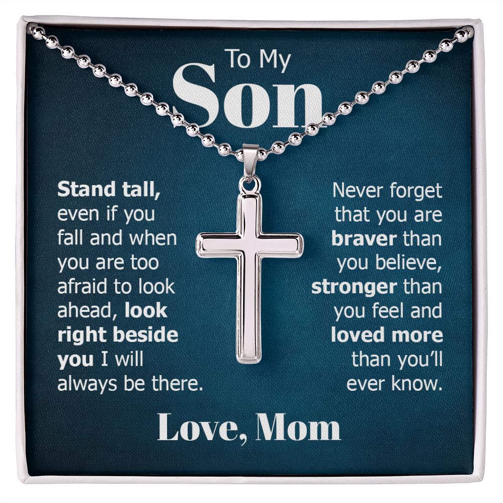 To My Son | Look right beside you I will always be there. Love, Mom - Stainless Cross Necklace with Ball Chain