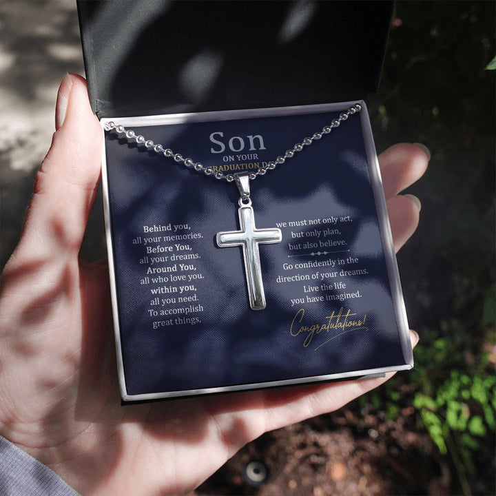 Son on your Graduation Day | We must not only act, but only plan, but also believe. - Stainless Cross Necklace with Ball Chain