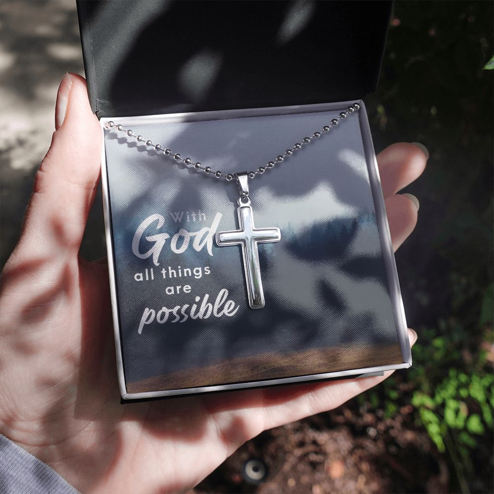 With God All Things Are Possible - Stainless Cross Necklace with Ball Chain