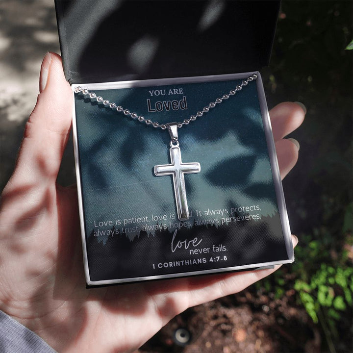 You are Loved | Love is patient, Love is kind. It always protects, always trust, always hopes, always perseveres. 1 Corinthians 4:7-8 - Stainless Cross Necklace with Ball Chain