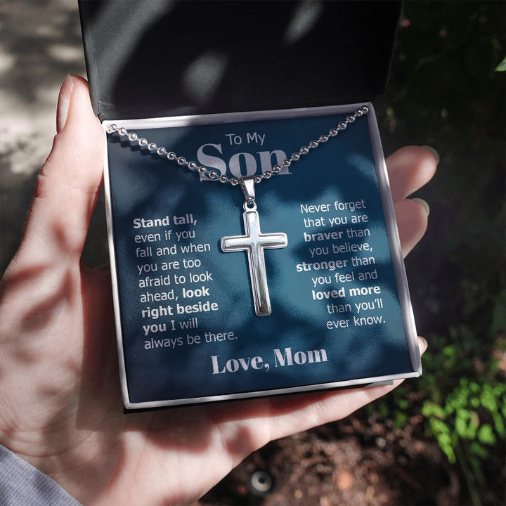 To My Son | Look right beside you I will always be there. Love, Mom - Stainless Cross Necklace with Ball Chain