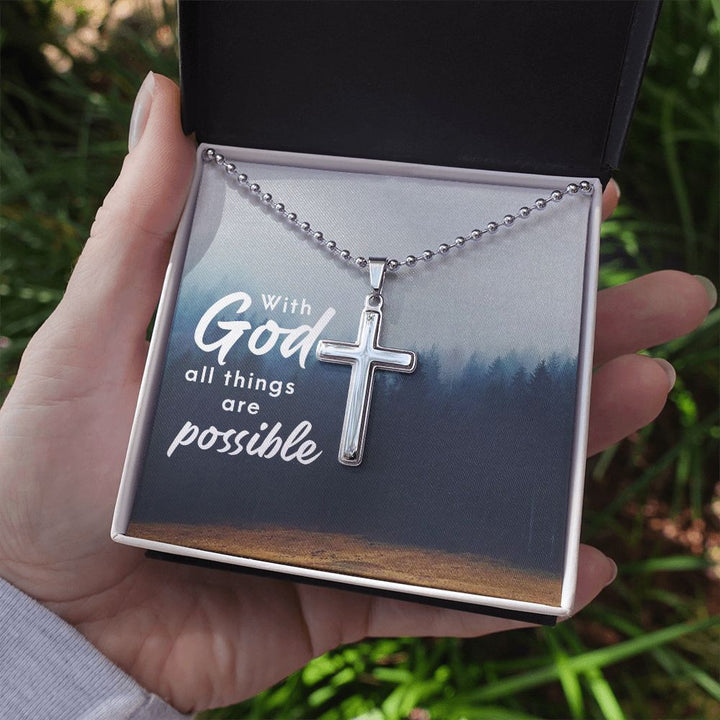 With God All Things Are Possible - Stainless Cross Necklace with Ball Chain