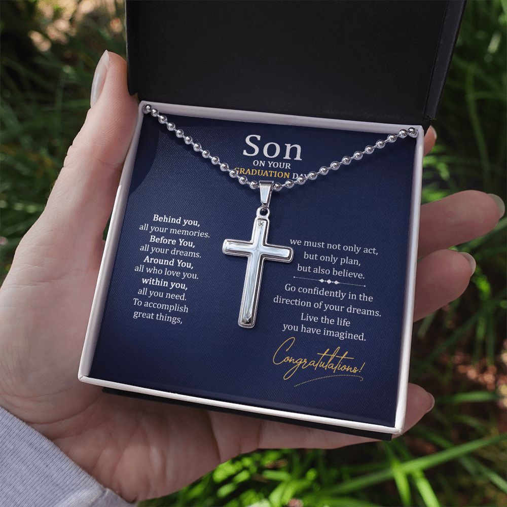 Son on your Graduation Day | We must not only act, but only plan, but also believe. - Stainless Cross Necklace with Ball Chain