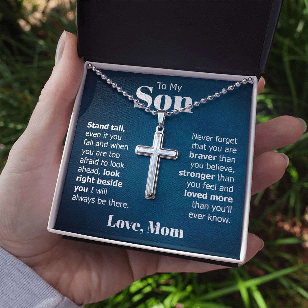 To My Son | Look right beside you I will always be there. Love, Mom - Stainless Cross Necklace with Ball Chain