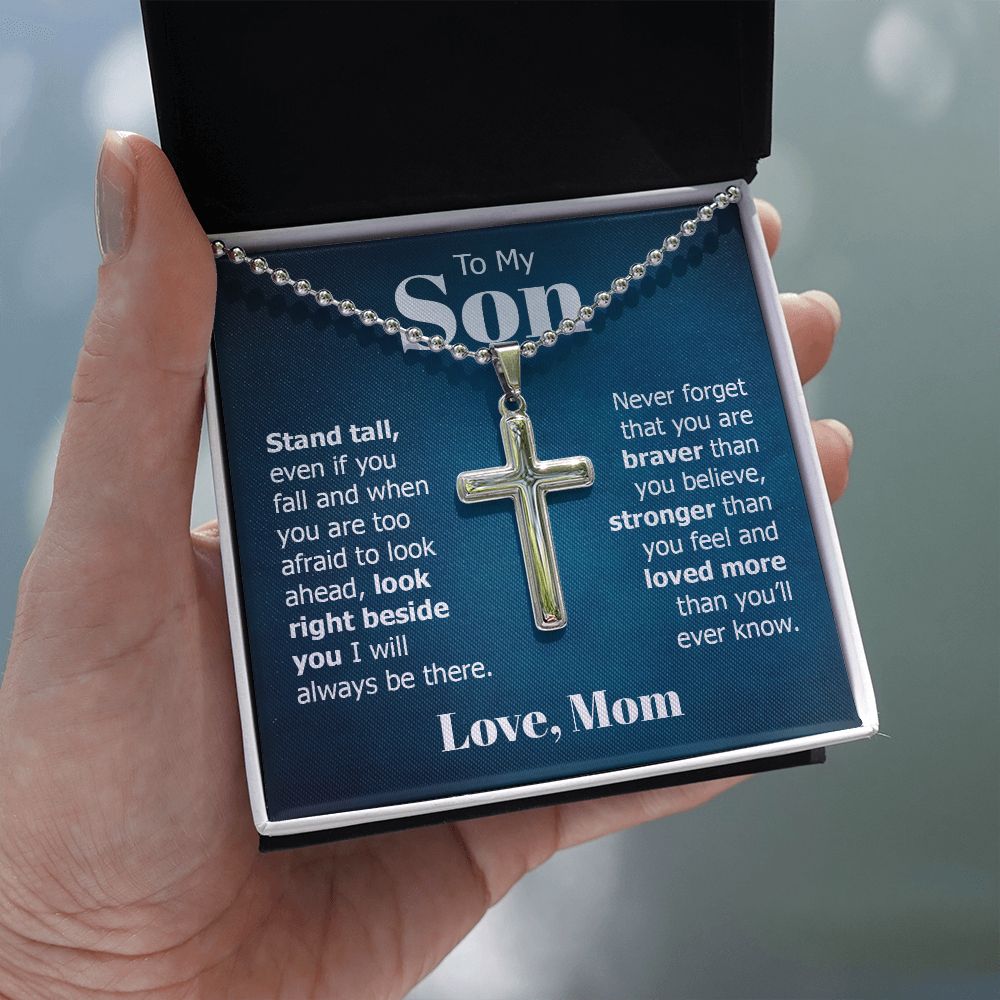 To My Son | Look right beside you I will always be there. Love, Mom - Stainless Cross Necklace with Ball Chain