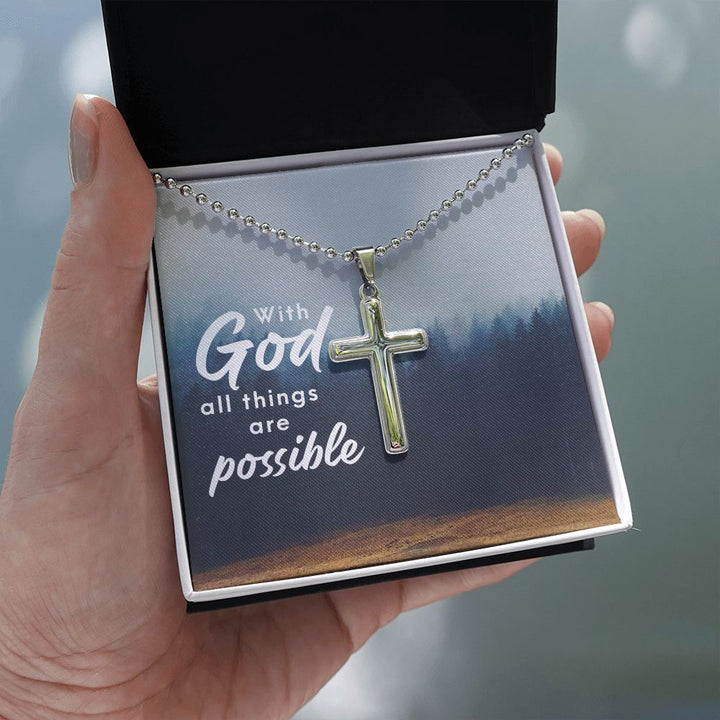 With God All Things Are Possible - Stainless Cross Necklace with Ball Chain