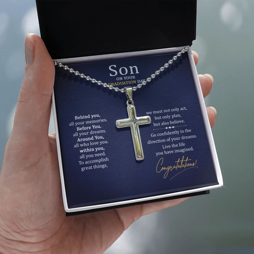 Son on your Graduation Day | We must not only act, but only plan, but also believe. - Stainless Cross Necklace with Ball Chain