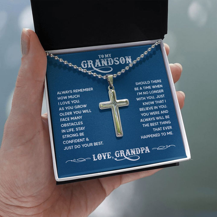 To My Grandson | You were and always will be the best thing that ever happened to me. Love, Grandpa - Stainless Cross Necklace with Ball Chain