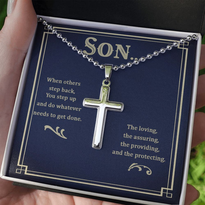 Son | The loving, the assuring, the providing, and the protecting - Stainless Cross Necklace with Ball Chain