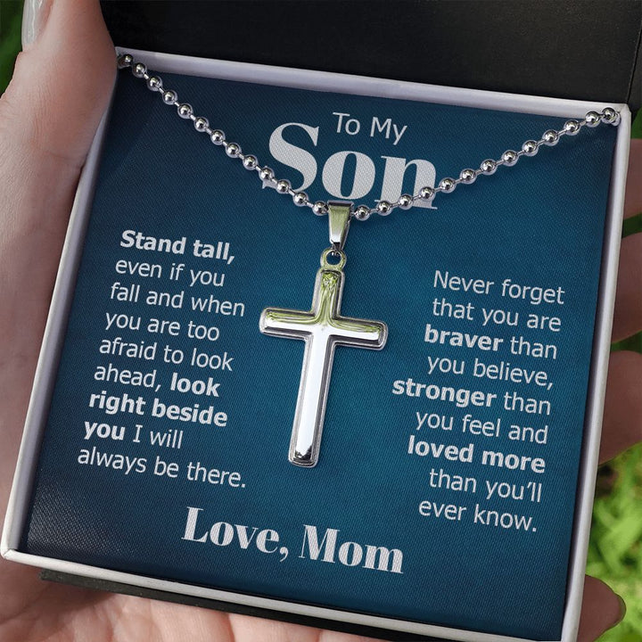 To My Son | Look right beside you I will always be there. Love, Mom - Stainless Cross Necklace with Ball Chain