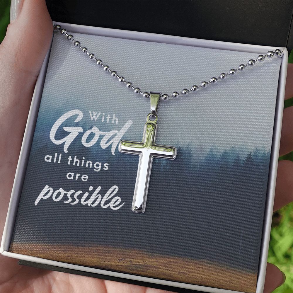 With God All Things Are Possible - Stainless Cross Necklace with Ball Chain