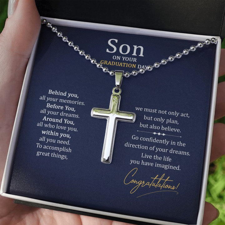 Son on your Graduation Day | We must not only act, but only plan, but also believe. - Stainless Cross Necklace with Ball Chain