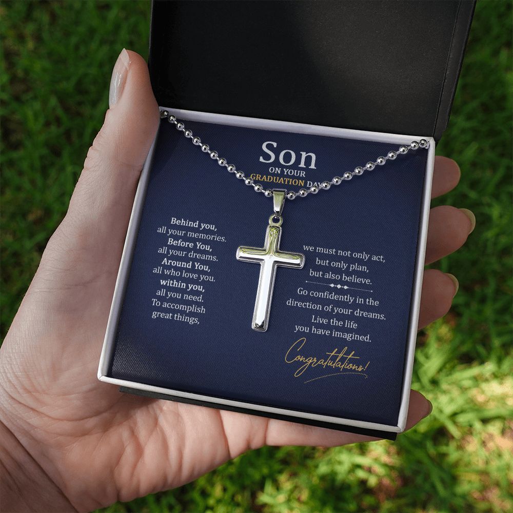 Son on your Graduation Day | We must not only act, but only plan, but also believe. - Stainless Cross Necklace with Ball Chain