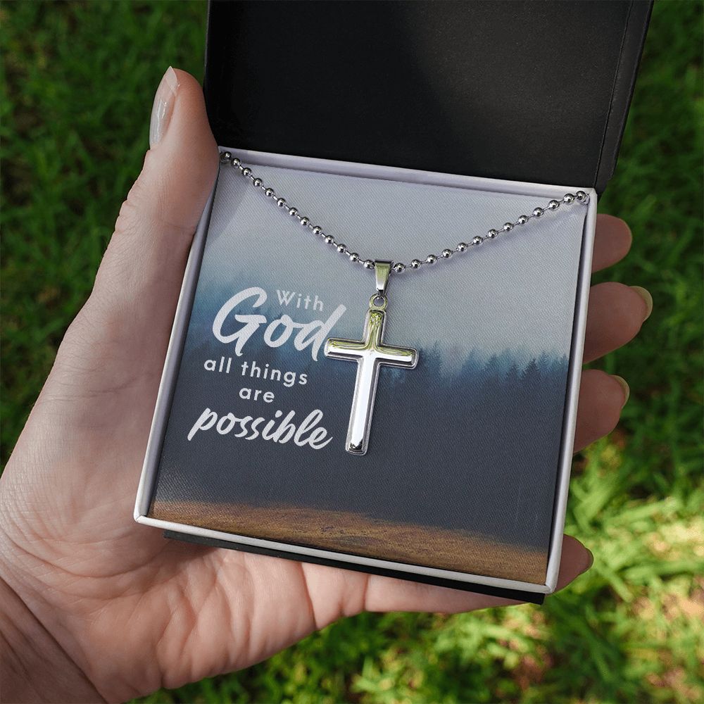 With God All Things Are Possible - Stainless Cross Necklace with Ball Chain