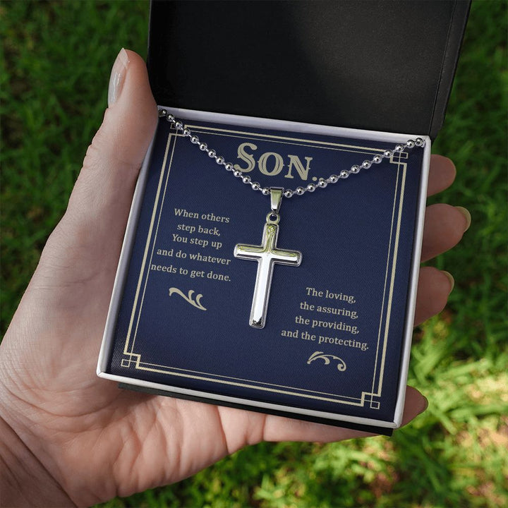 Son | The loving, the assuring, the providing, and the protecting - Stainless Cross Necklace with Ball Chain