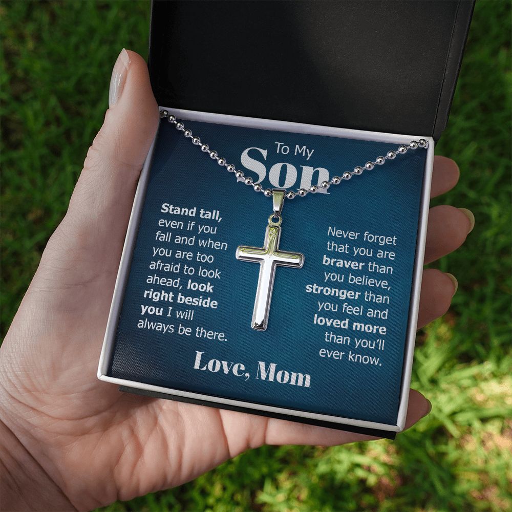 To My Son | Look right beside you I will always be there. Love, Mom - Stainless Cross Necklace with Ball Chain