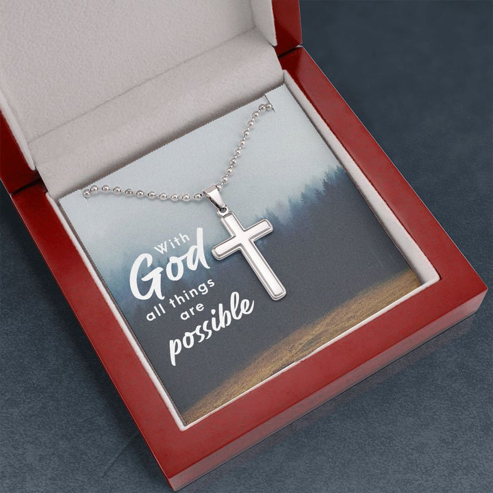 With God All Things Are Possible - Stainless Cross Necklace with Ball Chain