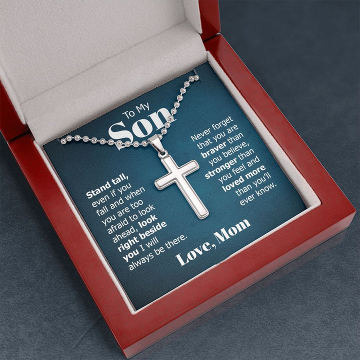 To My Son | Look right beside you I will always be there. Love, Mom - Stainless Cross Necklace with Ball Chain