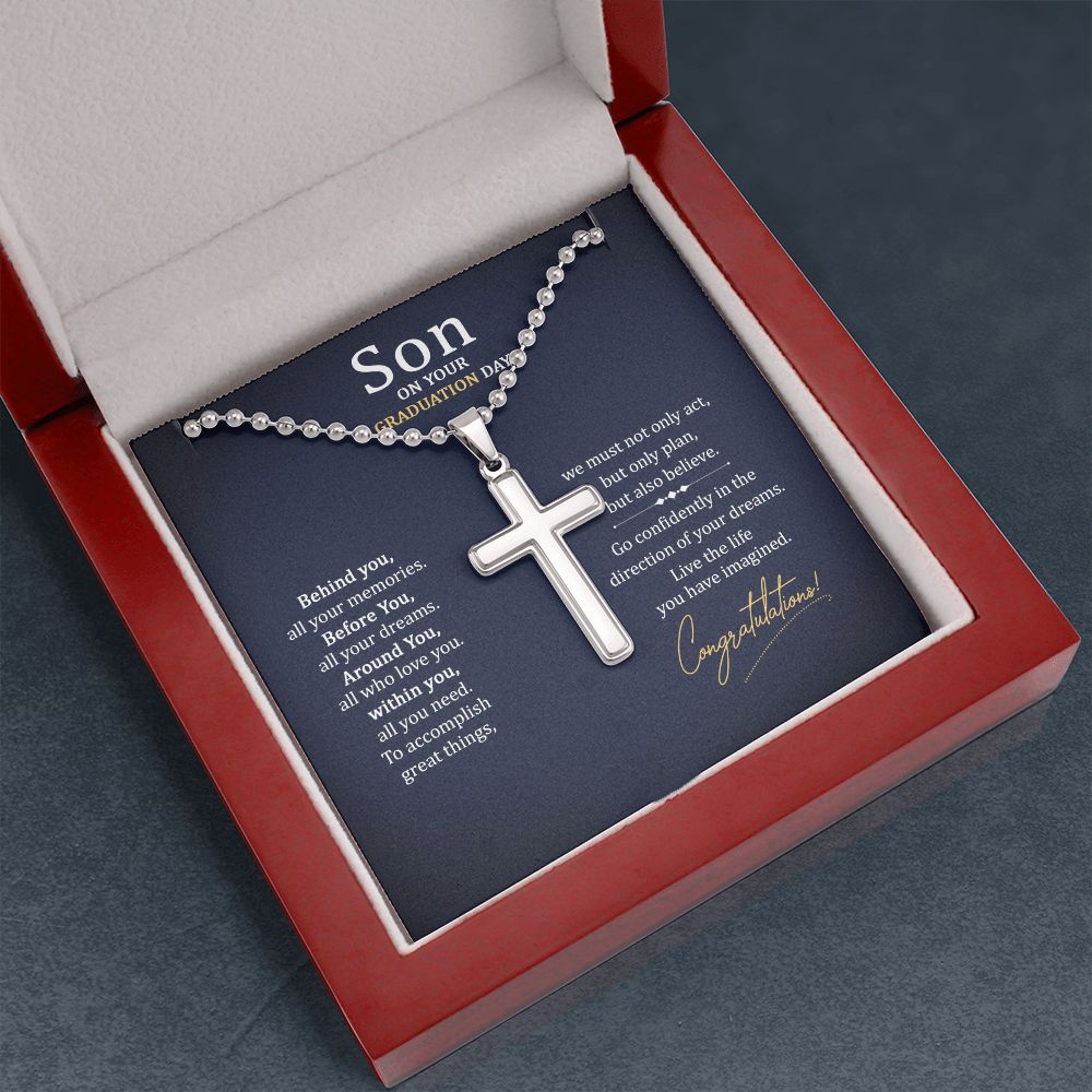 Son on your Graduation Day | We must not only act, but only plan, but also believe. - Stainless Cross Necklace with Ball Chain