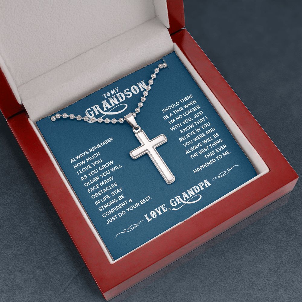 To My Grandson | You were and always will be the best thing that ever happened to me. Love, Grandpa - Stainless Cross Necklace with Ball Chain