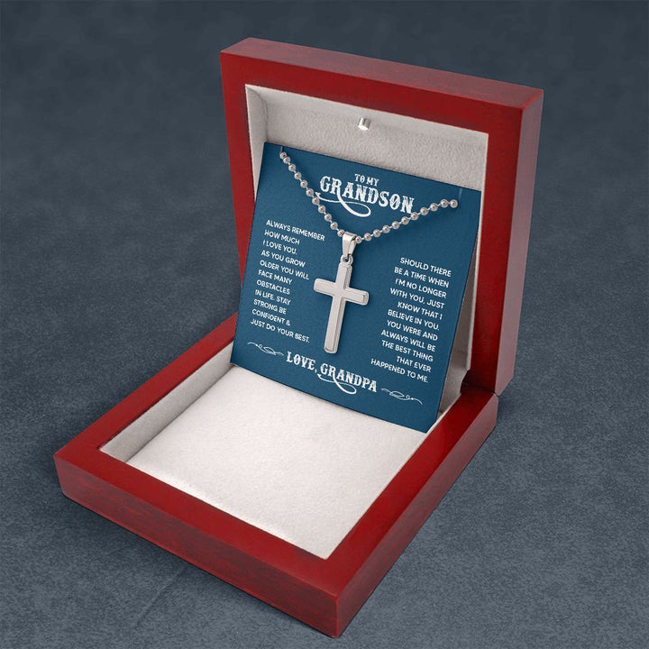 To My Grandson | You were and always will be the best thing that ever happened to me. Love, Grandpa - Stainless Cross Necklace with Ball Chain