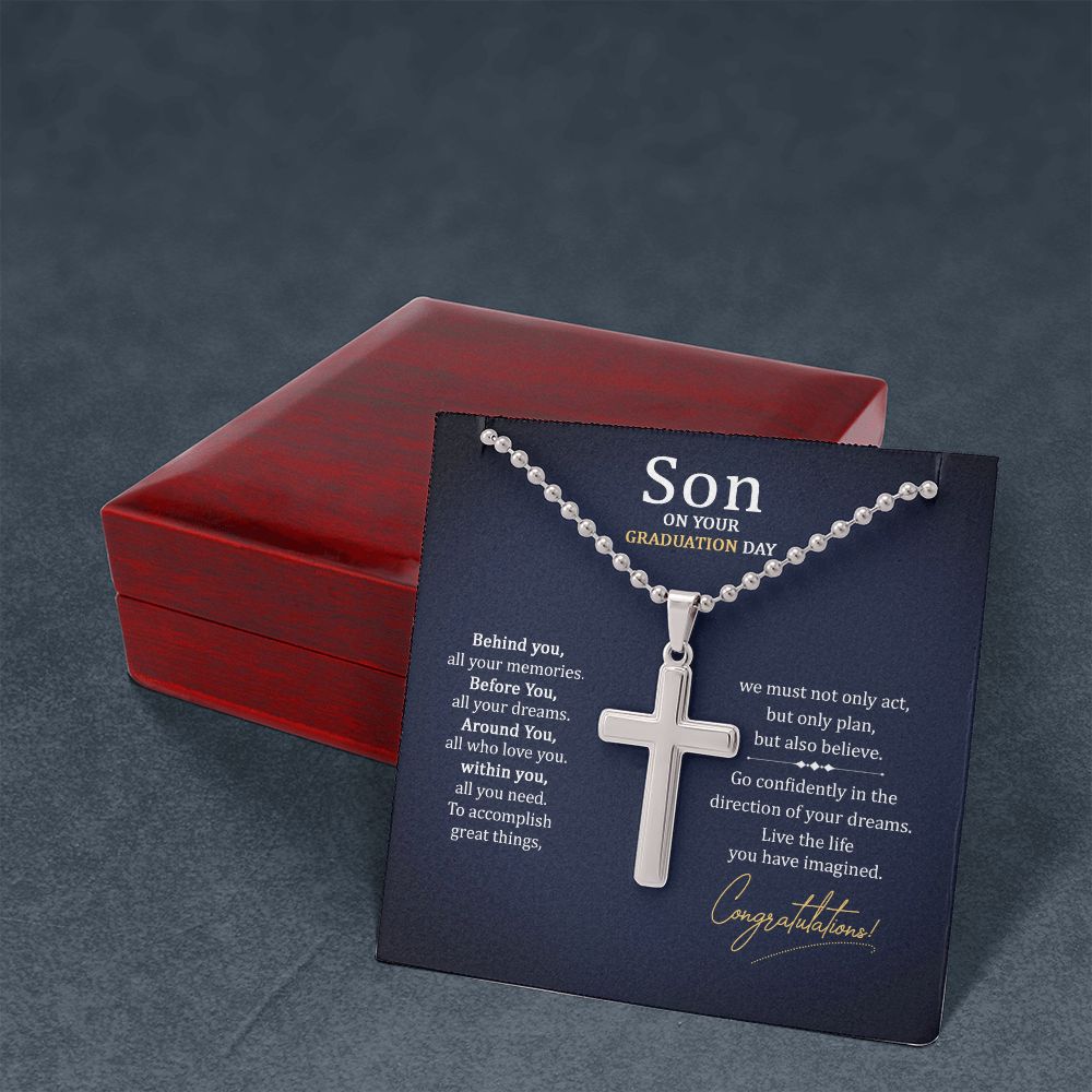 Son on your Graduation Day | We must not only act, but only plan, but also believe. - Stainless Cross Necklace with Ball Chain