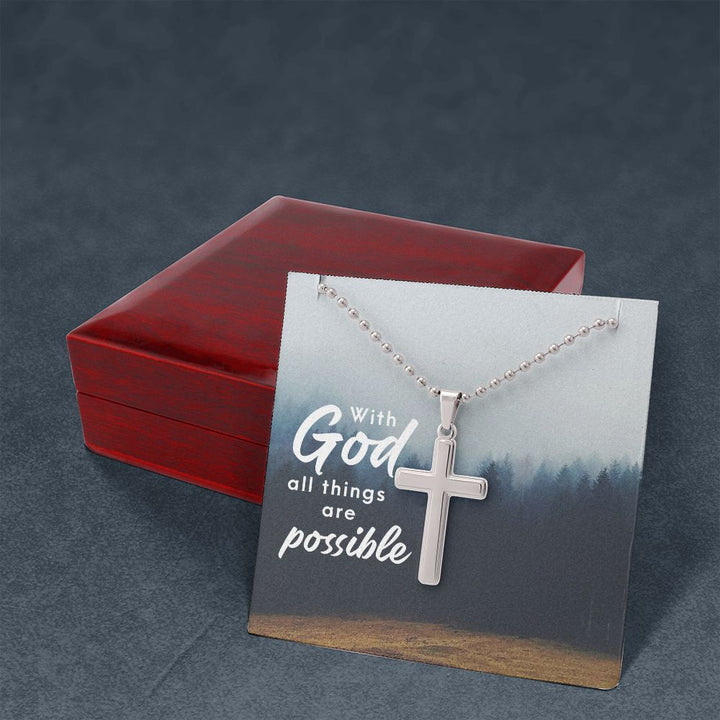 With God All Things Are Possible - Stainless Cross Necklace with Ball Chain