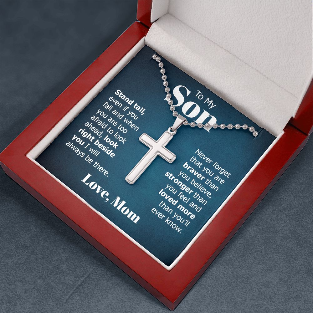 To My Son | Look right beside you I will always be there. Love, Mom - Stainless Cross Necklace with Ball Chain