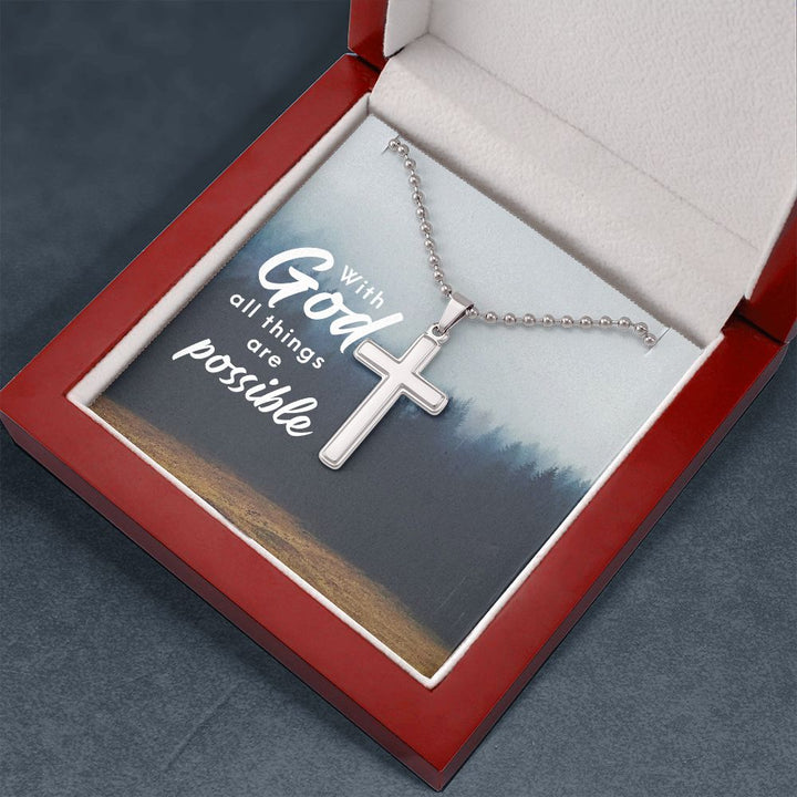 With God All Things Are Possible - Stainless Cross Necklace with Ball Chain