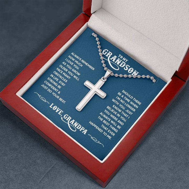 To My Grandson | You were and always will be the best thing that ever happened to me. Love, Grandpa - Stainless Cross Necklace with Ball Chain