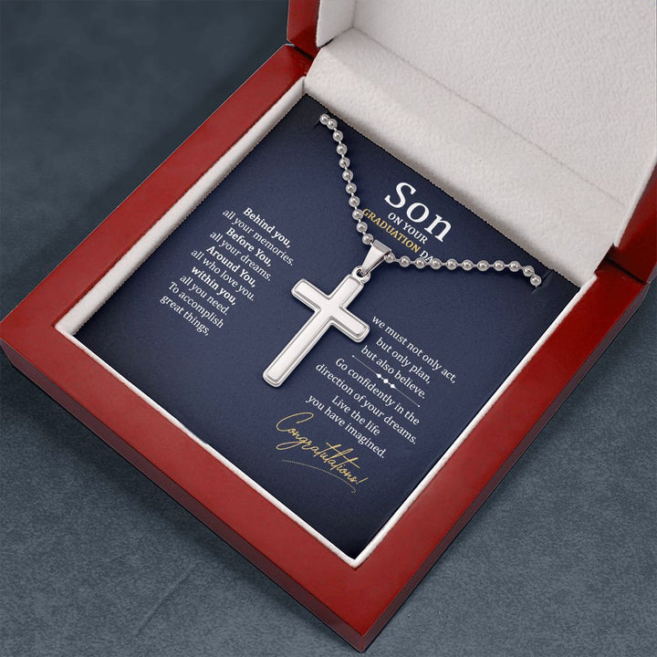 Son on your Graduation Day | We must not only act, but only plan, but also believe. - Stainless Cross Necklace with Ball Chain