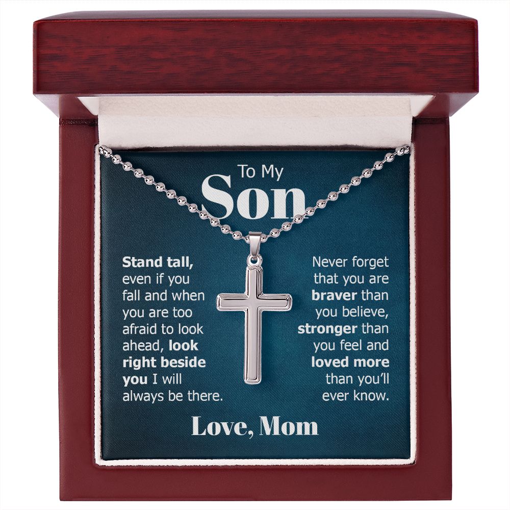 To My Son | Look right beside you I will always be there. Love, Mom - Stainless Cross Necklace with Ball Chain