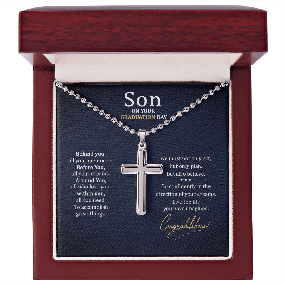 Son on your Graduation Day | We must not only act, but only plan, but also believe. - Stainless Cross Necklace with Ball Chain