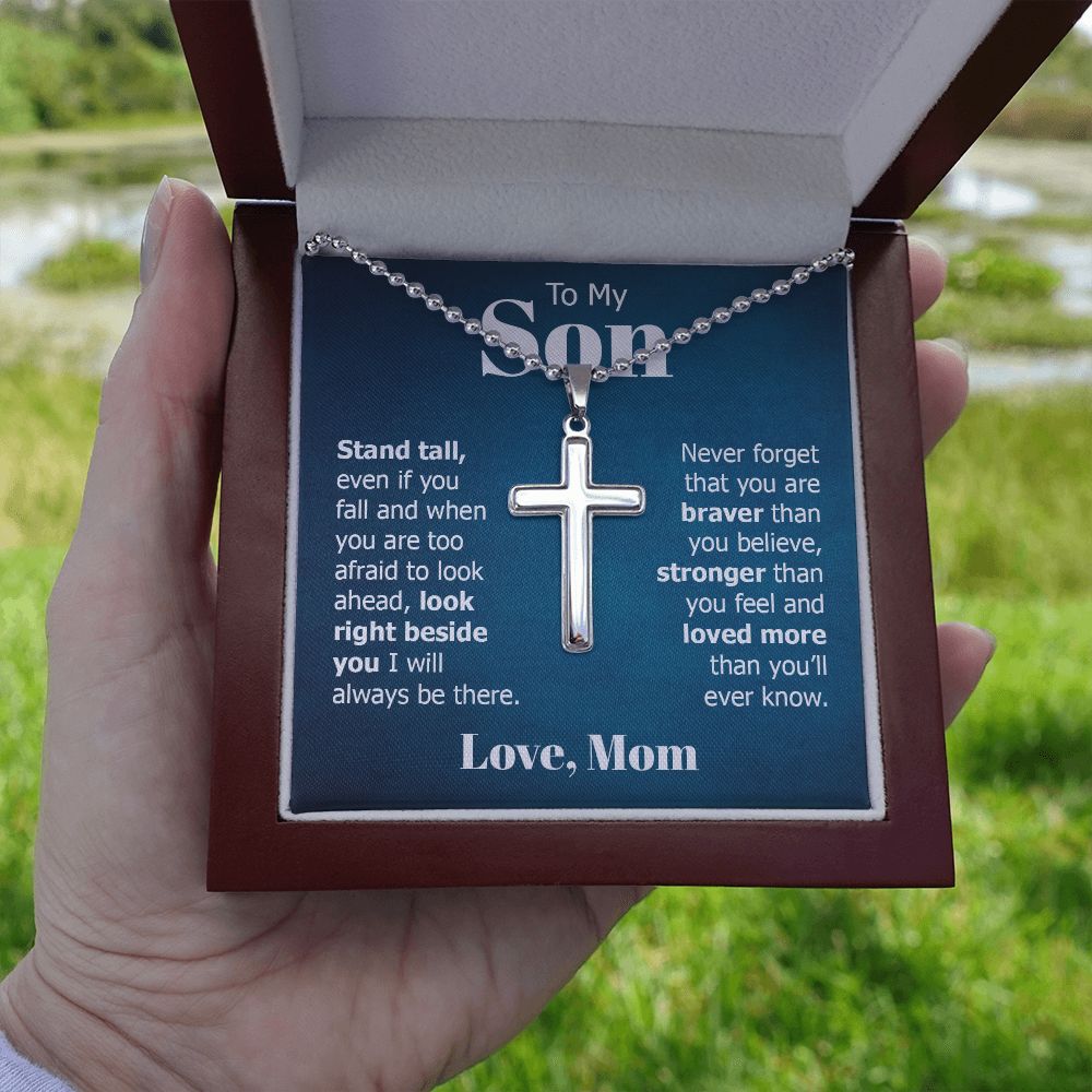 To My Son | Look right beside you I will always be there. Love, Mom - Stainless Cross Necklace with Ball Chain