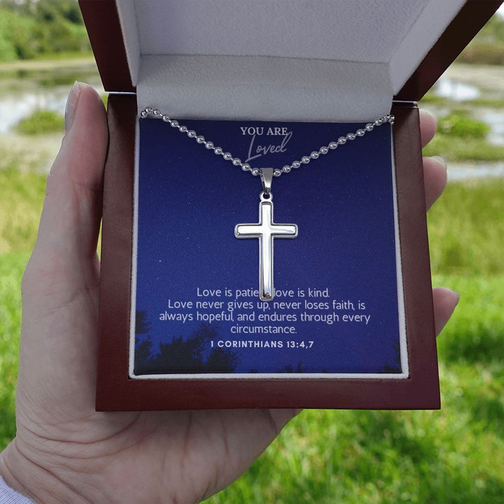 You are Loved | Love is patient, Love is kind. 1 Corinthians 13:4,7 - Stainless Cross Necklace with Ball Chain