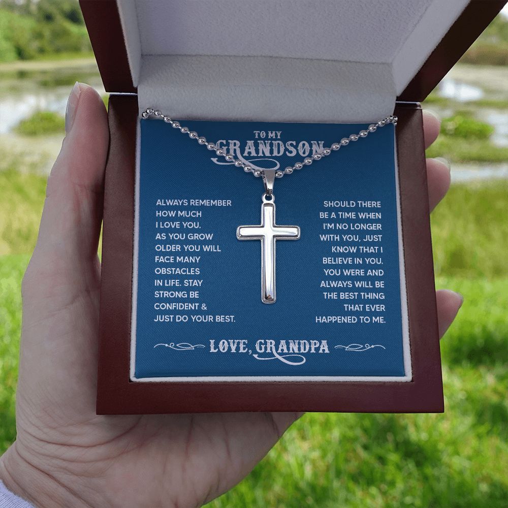 To My Grandson | You were and always will be the best thing that ever happened to me. Love, Grandpa - Stainless Cross Necklace with Ball Chain