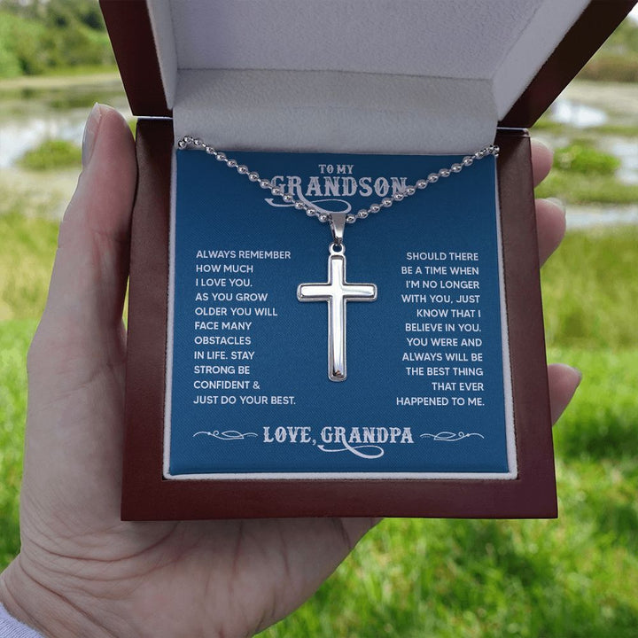 To My Grandson | You were and always will be the best thing that ever happened to me. Love, Grandpa - Stainless Cross Necklace with Ball Chain